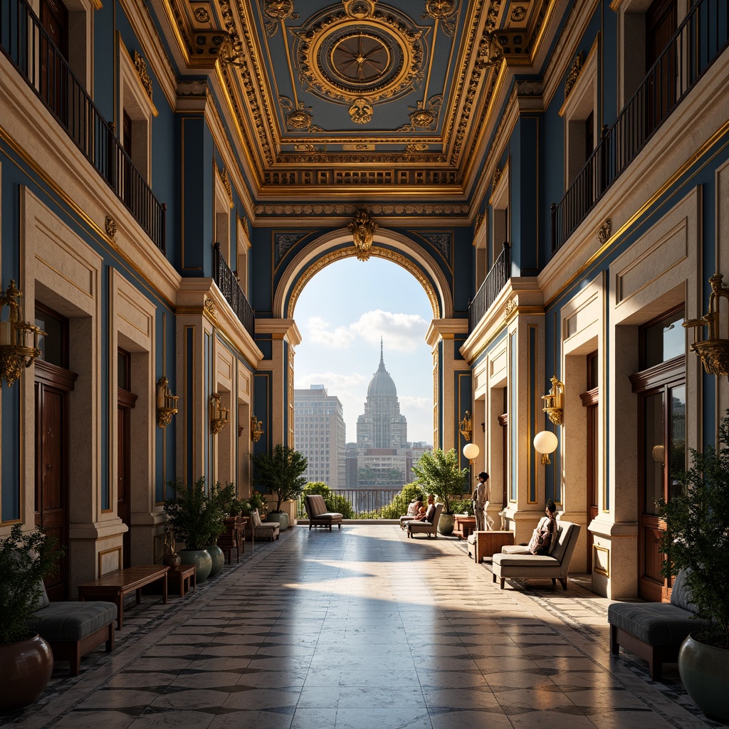 Prompt: Majestic buildings, grandiose structures, Prussian blue accents, gold ornate details, luxurious materials, marble floors, high ceilings, intricate moldings, opulent furnishings, lavish decorations, regal atmosphere, warm golden lighting, soft focus, shallow depth of field, 1/2 composition, majestic vistas, dramatic shadows, realistic reflections, ambient occlusion.