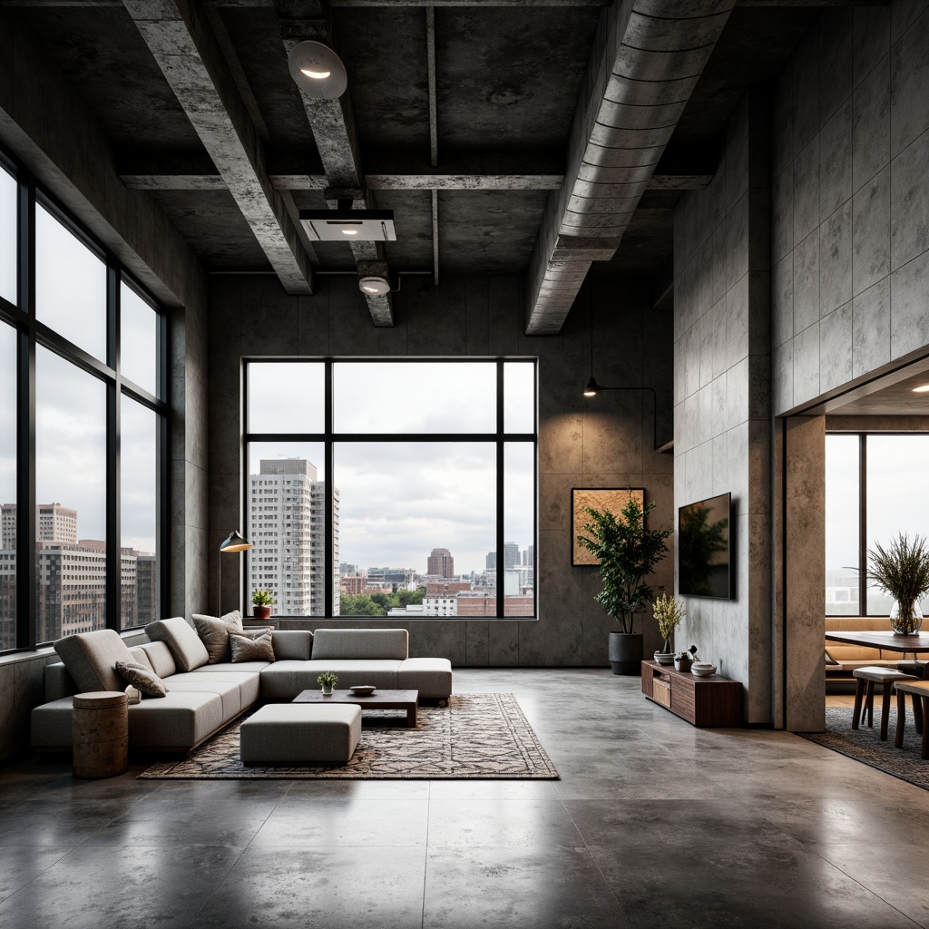 Prompt: Monochromatic loft space, sleek minimalist decor, polished concrete floors, industrial metal beams, floor-to-ceiling windows, urban cityscape views, neutral color palette, soft warm lighting, subtle texture contrasts, modern Scandinavian furniture, low-profile sofas, geometric-patterned rugs, metallic accent walls, reclaimed wood features, airy open layouts, 1/1 composition, soft focus blur, cinematic ambiance.