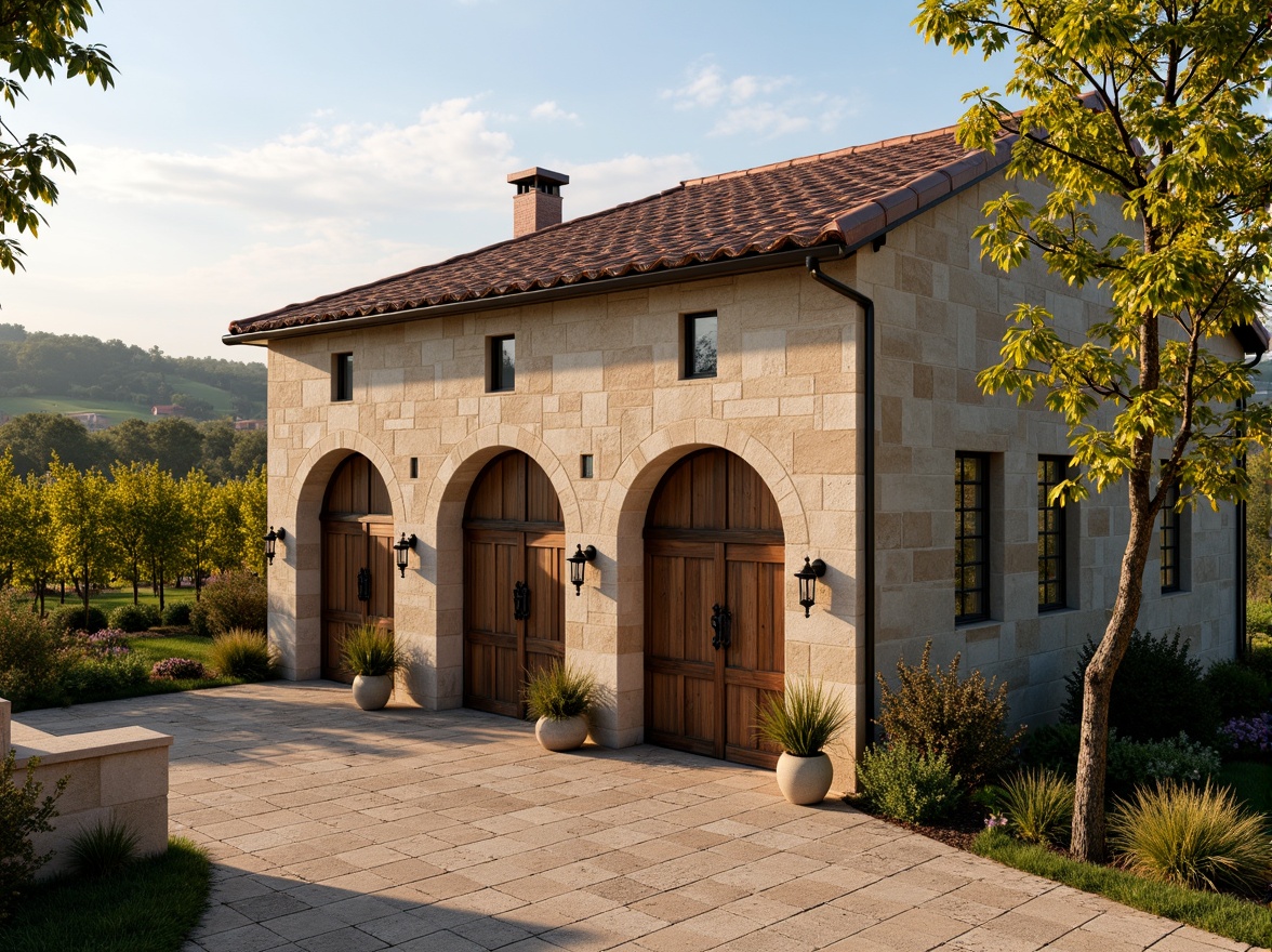 Prompt: Rustic winery facade, Renaissance-inspired arches, terracotta roof tiles, weathered stone walls, ornate wooden doors, heavy iron hinges, vintage lanterns, lush vineyards, rolling hills, Tuscany landscape, warm golden light, soft afternoon sun, subtle gradient shadows, 1/1 composition, symmetrical framing, realistic stonework textures, ambient occlusion.Let me know if you need any adjustments!