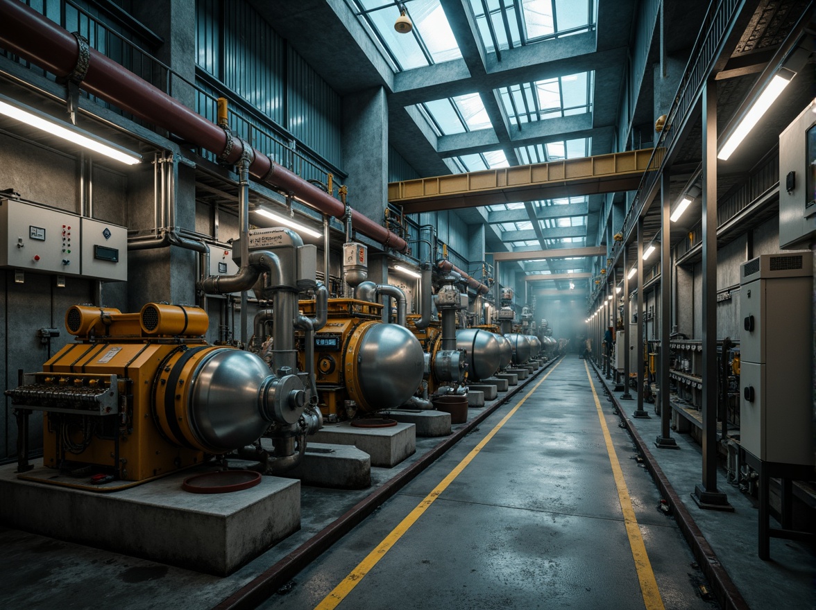 Prompt: Industrial energy plant, rugged metal structures, corrugated steel cladding, reinforced concrete foundations, insulated pipes, steam turbines, generator rooms, control panels, electrical substations, safety railings, industrial lighting, misty atmospheric conditions, softbox lighting, shallow depth of field, 2/3 composition, realistic metallic textures, ambient occlusion.