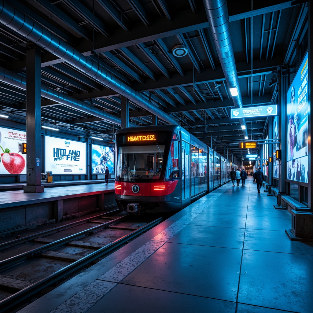 Prompt: Futuristic tram station, sleek metal framework, neon-lit advertisements, dynamic LED displays, high-gloss floors, modern minimalist architecture, bold primary color accents, glowing blue lighting, stainless steel surfaces, industrial-style pipes, urban cityscape, bustling crowds, rush hour atmosphere, shallow depth of field, 1/1 composition, vivid realistic textures, ambient occlusion.