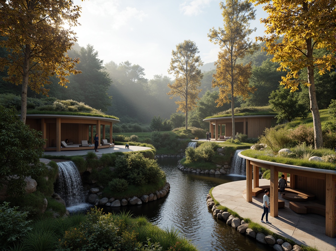 Prompt: Curved pavilion structures, organic shapes, natural stone walls, lush green roofs, cascading water features, serene forest surroundings, misty morning atmosphere, warm sunlight filtering through trees, rustic wooden accents, earthy tone color palette, blending into landscape, harmonious integration, minimalism design approach, 1/1 composition, shallow depth of field, soft focus blur, ambient occlusion.