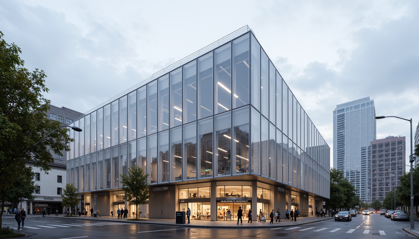 Prompt: Industrial constructivist building, polycarbonate panels, translucent fa\u00e7ade, diffused natural light, thermally insulated walls, impact-resistant material, high-strength framework, minimalist design, sleek metal accents, modernist aesthetic, urban cityscape, cloudy overcast sky, soft box lighting, shallow depth of field, 1/1 composition, realistic reflections, ambient occlusion.