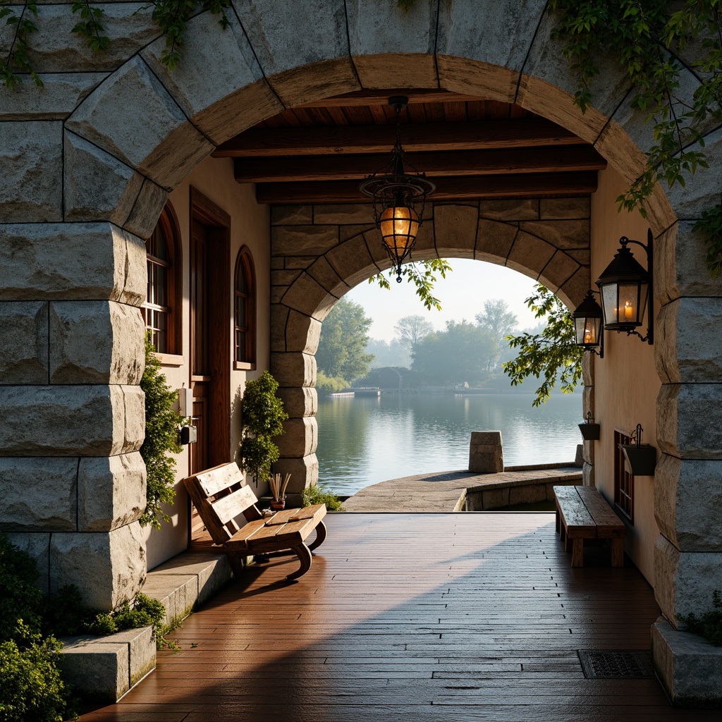 Prompt: Waterfront boathouse, rustic stone walls, curved archways, wooden dock, nautical ropes, vintage lanterns, distressed wood accents, ornate metalwork, decorative stonework, moss-covered roofs, verdant surroundings, serene lake views, misty morning atmosphere, soft warm lighting, shallow depth of field, 1/2 composition, realistic textures, ambient occlusion.