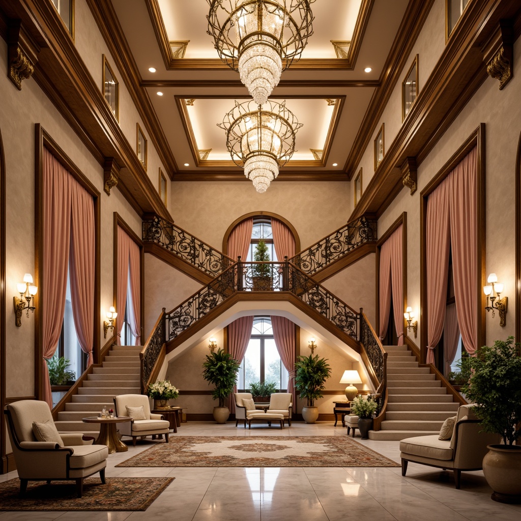 Prompt: Luxurious hotel lobby, grand staircase, ornate chandeliers, velvet drapes, rich wood paneling, intricate carvings, plush furnishings, soft pastel colors, ornamental mirrors, gilded frames, crystal fixtures, lavish textiles, patterned rugs, dramatic archways, sweeping curves, warm golden lighting, cinematic composition, 1/1 aspect ratio, shallow depth of field.