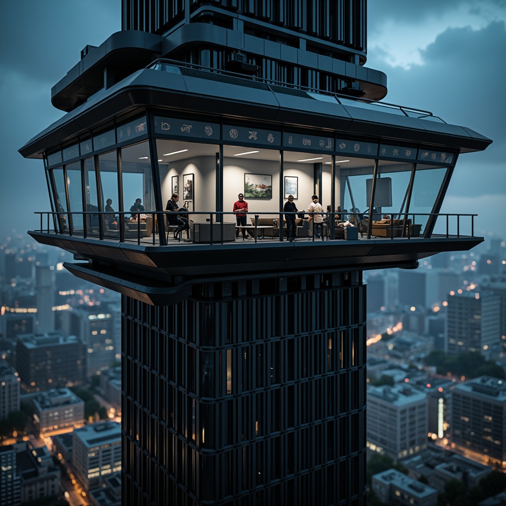 Prompt: Futuristic watchtower, sleek metallic facade, angular lines, minimalist design, advanced surveillance systems, high-tech gadgetry, panoramic viewing decks, safety railings, durable weather-resistant materials, matte black finishes, neon-lit accents, urban cityscape, nighttime scenery, dramatic spotlighting, shallow depth of field, 3/4 composition, realistic textures, ambient occlusion.