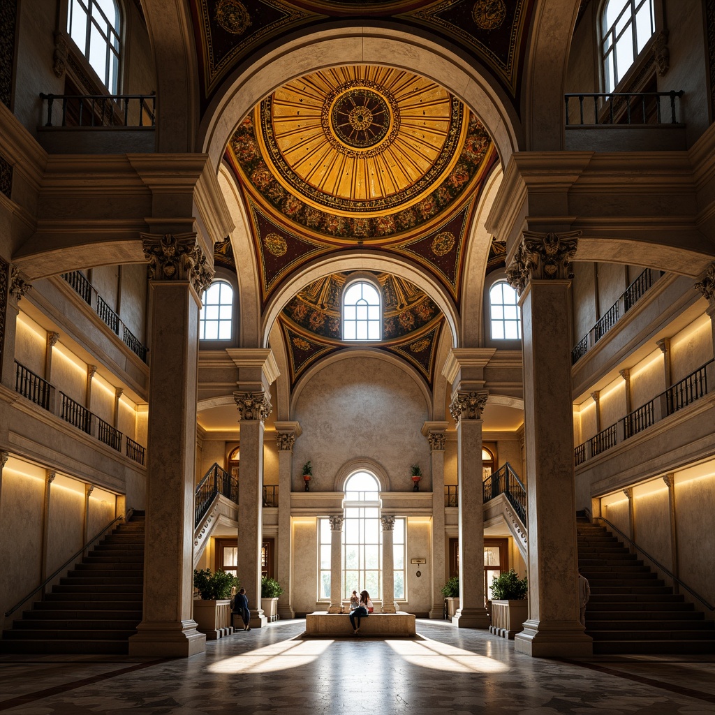 Prompt: Grandiose high school building, Byzantine-inspired architecture, majestic arches, ornate columns, intricate stone carvings, vibrant mosaics, golden domes, grand entrance hallways, sweeping staircases, polished marble floors, richly textured walls, warm ambient lighting, soft focus, 1/1 composition, dramatic shadows, high-contrast textures, mystical ambiance.