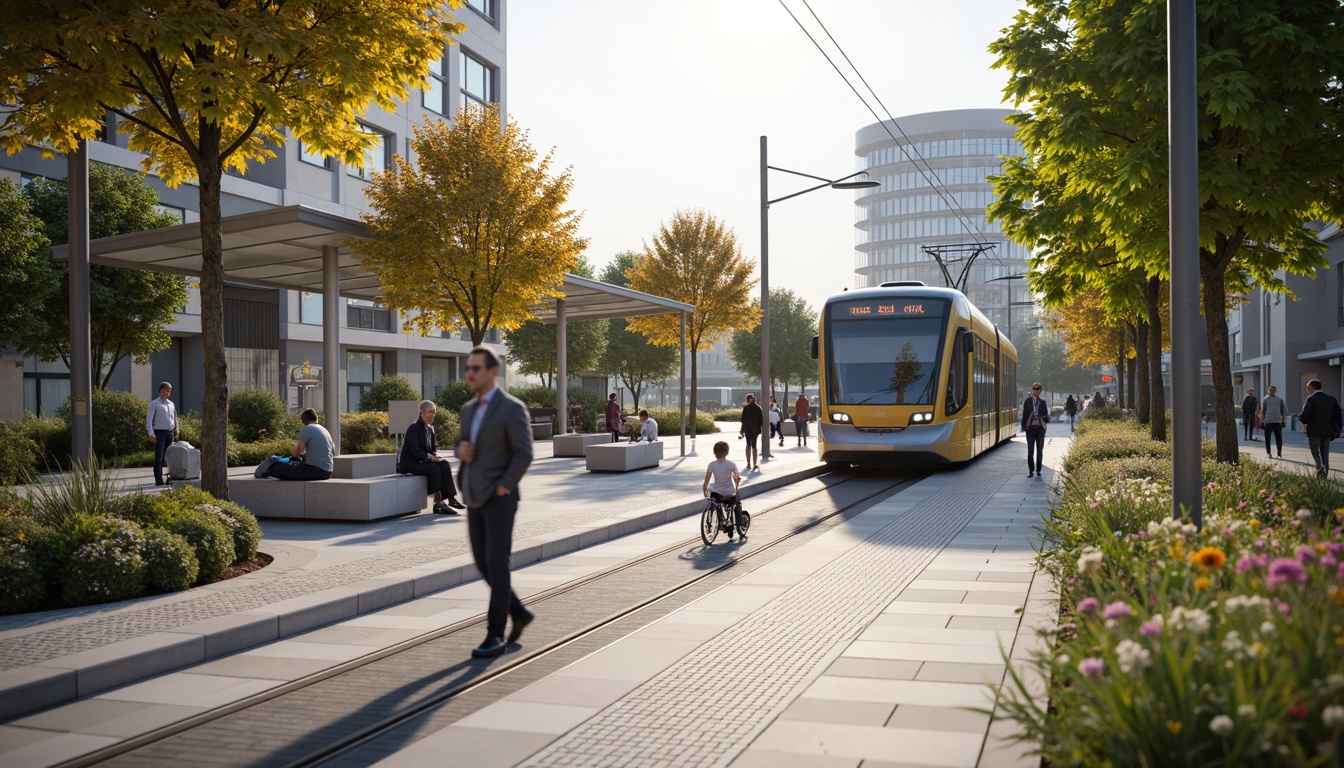 Prompt: Accessible tram stations, wheelchair ramps, elevators, tactile paving, audio announcements, Braille signage, wide platforms, gentle slopes, automatic doors, grab bars, seating areas, clear navigation paths, minimal obstacles, natural lighting, high-contrast colors, quiet waiting zones, real-time information displays, audible warning signals, inclusive design principles, modern architecture, sleek steel structures, glass roofs, open spaces, urban integration, pedestrian-friendly surroundings, lush greenery, vibrant flowers, sunny day, soft warm lighting, shallow depth of field, 3/4 composition.