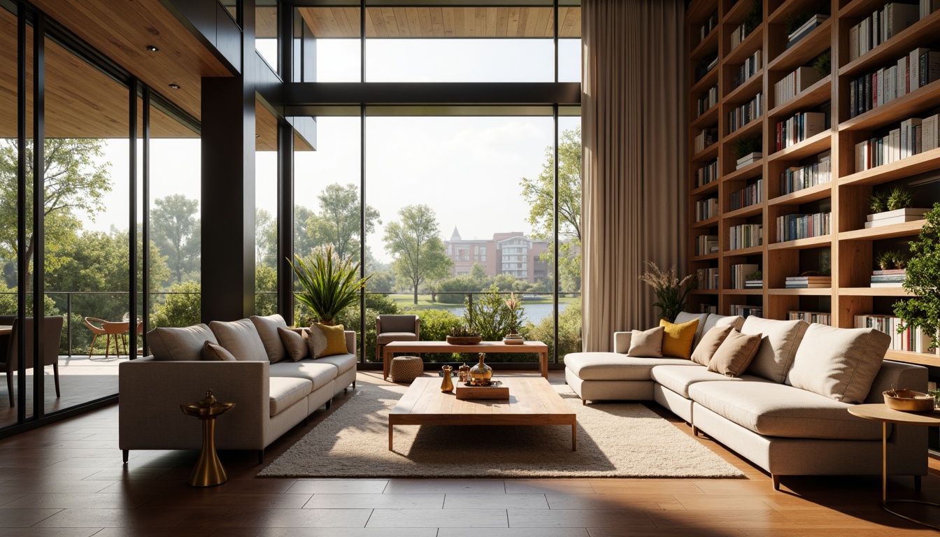 Prompt: Luxurious living room, spacious open-plan layout, high ceilings, large windows, natural light, elegant furniture, soft cushions, warm color scheme, wooden flooring, cozy reading nook, floor-to-ceiling bookshelves, modern minimalist decor, ambient lighting, shallow depth of field, 2/3 composition, realistic textures, subtle reflections, harmonious balance, peaceful atmosphere, vibrant greenery, fresh flowers, comfortable seating area, sleek coffee table, stylish rug, soft warm glow, morning sunlight.