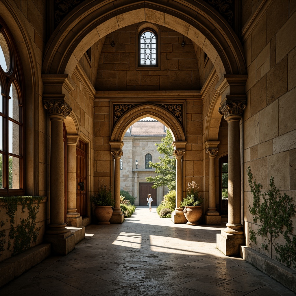 Prompt: Ancient stone arches, ornate carvings, rustic stonework, weathered fa\u00e7ade, grand entranceways, imposing columns, vaulted ceilings, stained glass windows, intricate capitals, moss-covered walls, mysterious ambiance, warm golden lighting, soft focus, 1/2 composition, symmetrical framing, dramatic shadows, realistic stone textures.