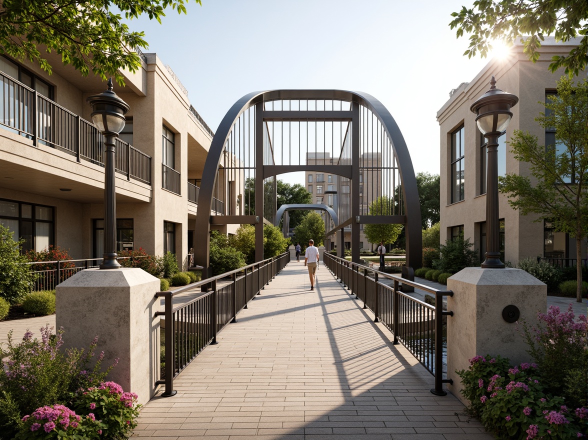 Prompt: Elegant pedestrian bridge, arched structure, suspension cables, sleek metal railings, wooden decking, ornate lamp posts, classic stone pillars, symmetrical composition, soft warm lighting, shallow depth of field, 3/4 perspective, realistic textures, ambient occlusion, serene university campus, lush greenery, vibrant flowers, tranquil water features, natural stone walkways, modern academic architecture, large windows, glass doors, blooming trees, sunny day.