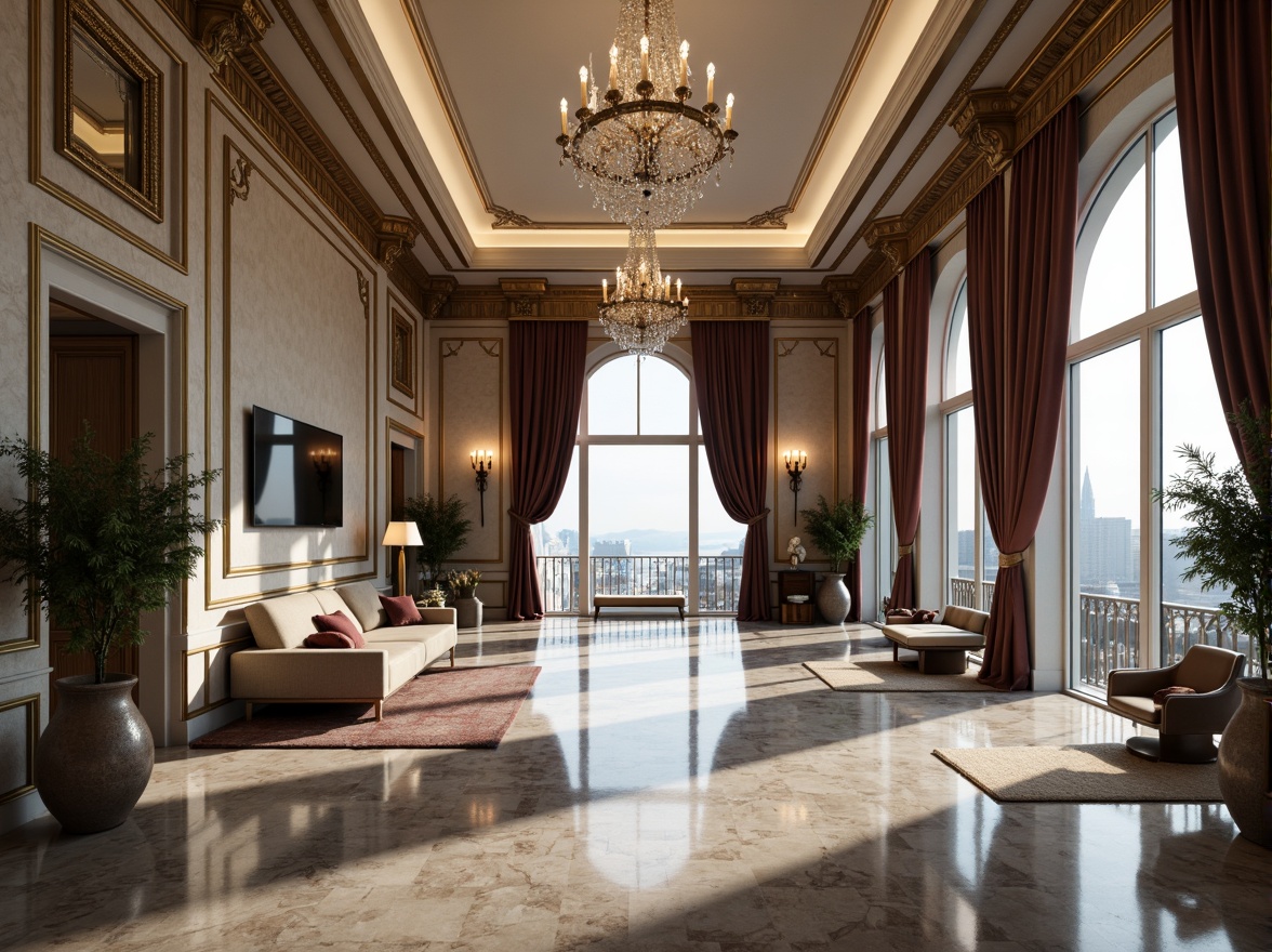 Prompt: Luxurious penthouse, Renaissance-inspired architecture, symmetrical facades, grand entrance halls, high ceilings, crystal chandeliers, marble floors, intricate moldings, ornate furnishings, velvet drapes, golden accents, lavish decorations, panoramic city views, floor-to-ceiling windows, modern minimalism, sleek lines, neutral color palette, ambient lighting, 3/4 composition, central axis symmetry, reflections in glass surfaces, opulent textures, realistic renderings.