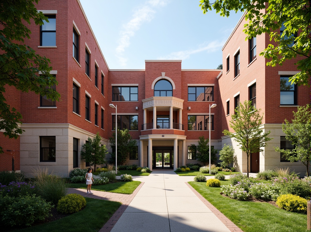 Prompt: Rustic high school campus, traditional brick buildings, classic architectural style, earthy red tones, textured stone walls, decorative archways, columned entrance, vibrant greenery, lush lawns, walkable pathways, educational signage, modern facilities, spacious classrooms, abundant natural light, warm and inviting atmosphere, shallow depth of field, 3/4 composition, realistic textures, ambient occlusion.