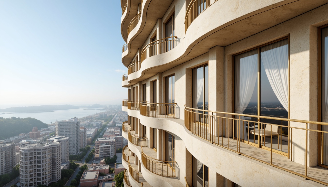 Prompt: Elegant skyscraper, coastal cityscape, classic architectural style, ornate balconies, curved lines, soft creamy colors, beige stone facades, large windows, draped curtains, sheer white fabrics, billowy folds, golden accents, polished metal frames, subtle patterns, ocean views, sunny day, warm natural light, shallow depth of field, 1/2 composition, atmospheric perspective, realistic reflections, ambient occlusion.