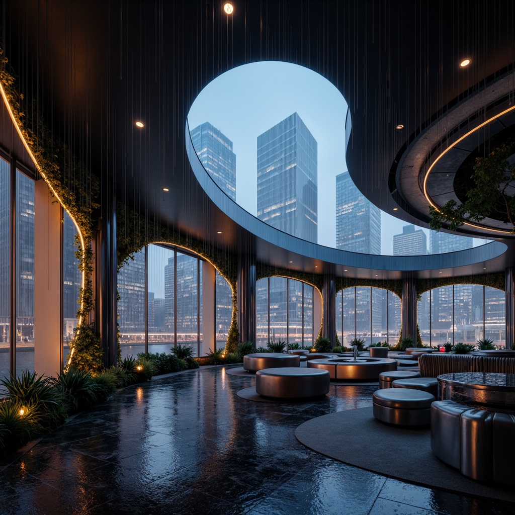 Prompt: Curved lines, rounded shapes, metallic materials, polished chrome accents, aerodynamic forms, Art Deco influences, luxurious interiors, high-gloss finishes, futuristic ambiance, neon lighting, cityscape backdrop, rainy night scene, misty atmosphere, shallow depth of field, 1/2 composition, low-angle shot, cinematic mood, realistic reflections, ambient occlusion.