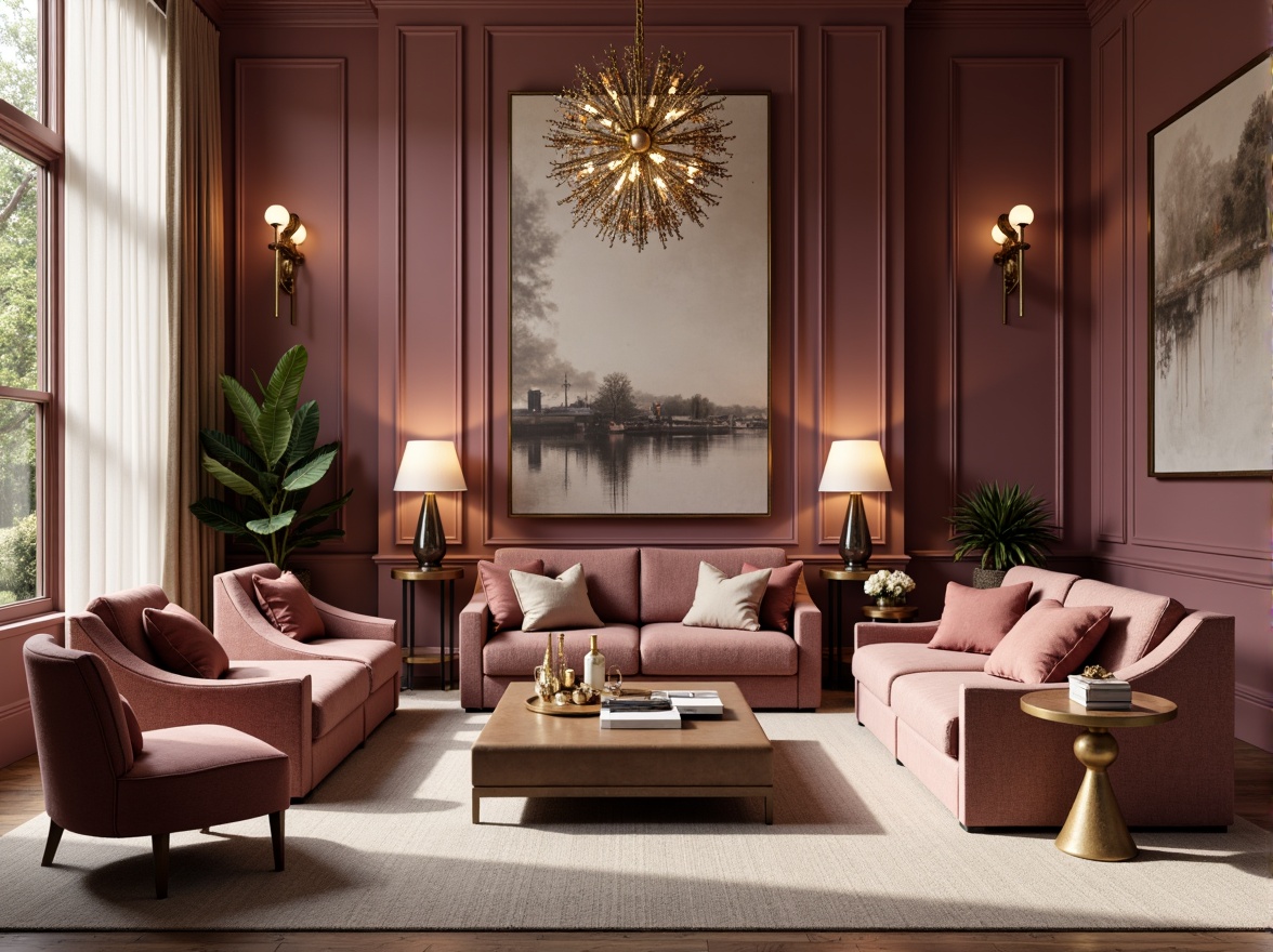 Prompt: Rich mauve tone, soft blush undertones, warm beige accents, luxurious velvet textures, ornate gold metallic details, elegant curves, sophisticated lines, refined modern furniture, statement lighting fixtures, lavish interior decor, opulent drapery, subtle sheen, atmospheric glow, 1/1 composition, cinematic lighting, high-end realistic rendering.