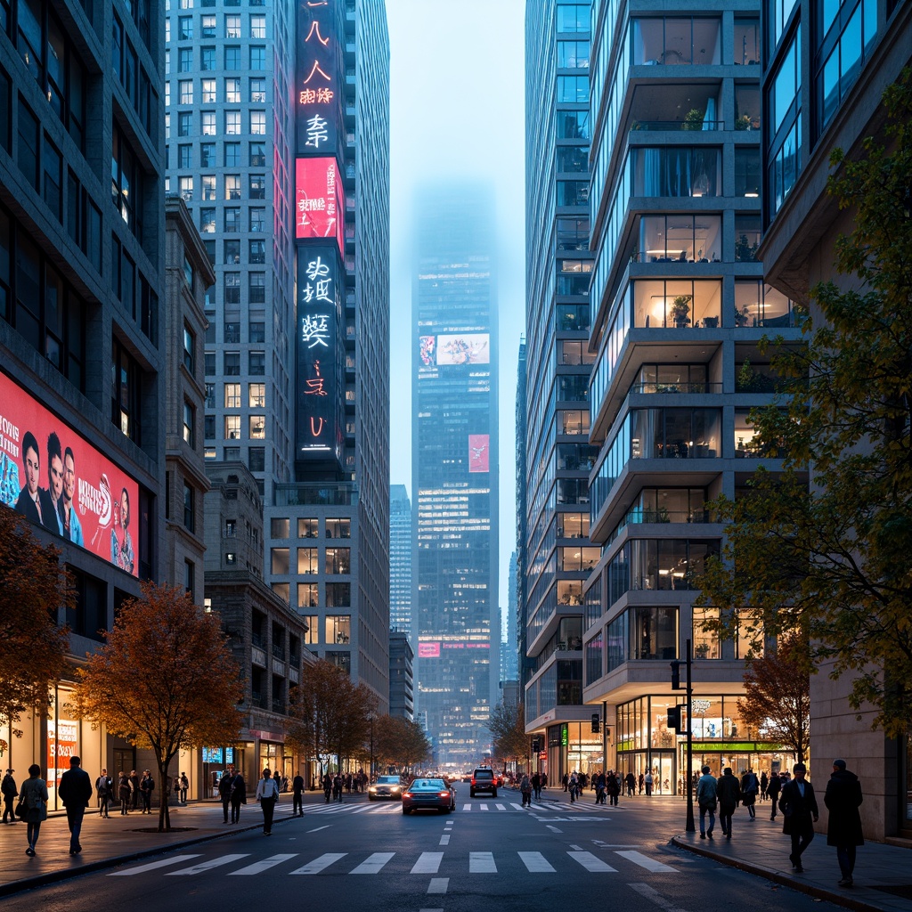 Prompt: Vibrant futuristic cityscape, neon lights, towering skyscrapers, curved architecture, reflective glass surfaces, metallic structures, holographic advertisements, bustling streets, pedestrian walkways, levitating vehicles, cyberpunk atmosphere, misty fog, warm glowing streetlights, 1/1 composition, shallow depth of field, cinematic camera angles, realistic textures, ambient occlusion.