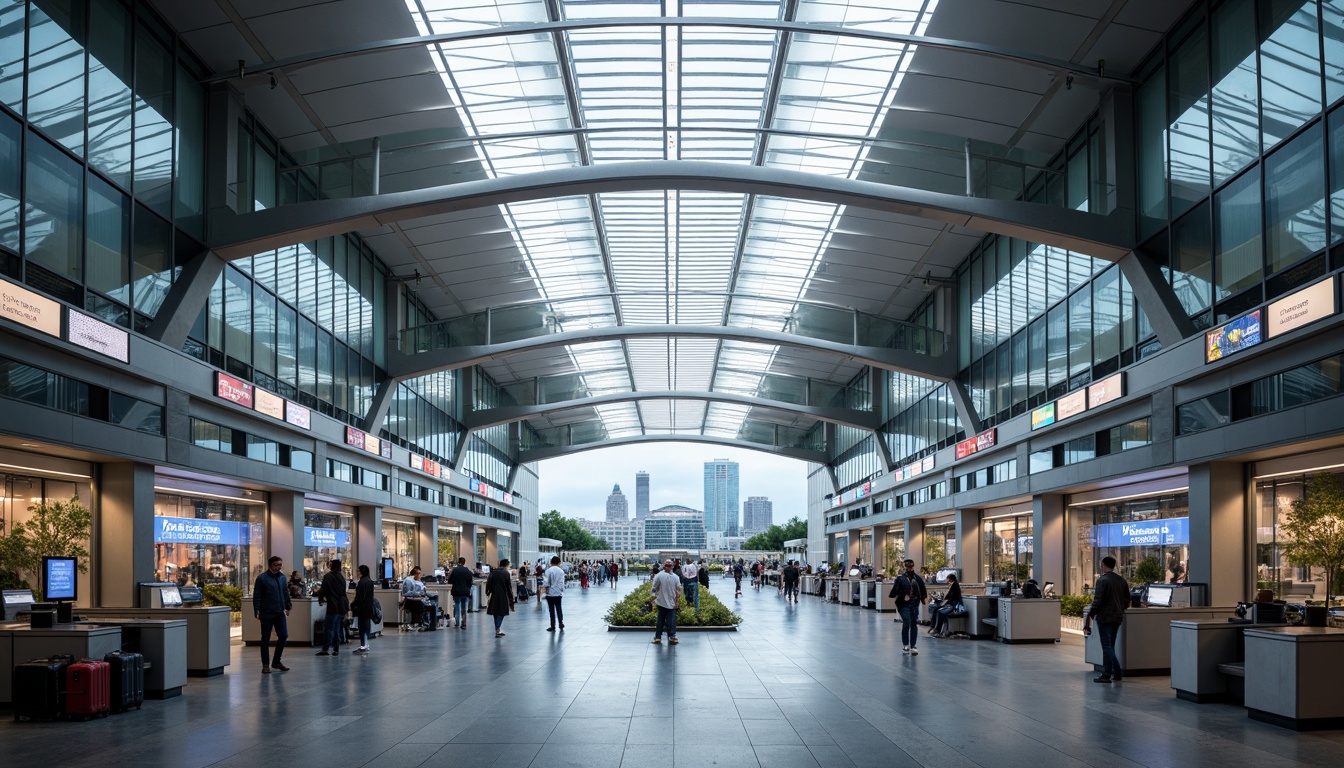 Prompt: Aerodynamic airport terminal, cantilevered rooflines, angular glass facades, metallic cladding, futuristic LED lighting, minimalist signage, modernist architectural columns, grand entrance hallways, spacious check-in counters, sleek luggage carousels, vibrant colored accents, dynamic curvature lines, urban cityscape views, overcast cloudy skies, soft diffused natural light, shallow depth of field, 1/2 composition, symmetrical framing, realistic reflections, ambient occlusion.