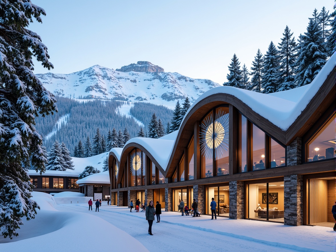 Prompt: Snow-capped mountains, frosty pine trees, powdery ski slopes, modern ski center architecture, curved rooflines, wooden accents, large windows, snowflake-inspired decorations, warm cozy interiors, fireplace lounges, rustic stone walls, natural materials, earthy color palette, soft warm lighting, shallow depth of field, 3/4 composition, panoramic view, realistic textures, ambient occlusion.