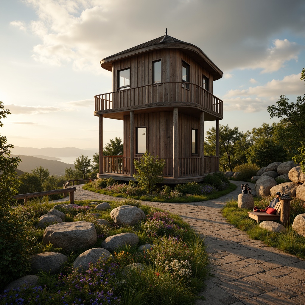 Prompt: Rustic watchtower, wooden accents, stone foundations, lush greenery, wildflowers, scenic vistas, rolling hills, misty morning, warm golden lighting, shallow depth of field, 1/2 composition, panoramic view, realistic textures, ambient occlusion, natural stone pathways, weathered wood fences, vintage binoculars, outdoor furniture, lantern-style lighting, earthy color palette.