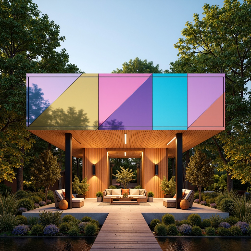 Prompt: Vibrant pavilion, bold geometric shapes, mesmerizing color transitions, iridescent materials, shimmering metallic accents, warm golden lighting, soft pastel hues, natural wood textures, organic forms, lush greenery surroundings, serene ambiance, gentle misting systems, 1/1 composition, symmetrical framing, high-key colors, dramatic shadows, realistic reflections, ambient occlusion.