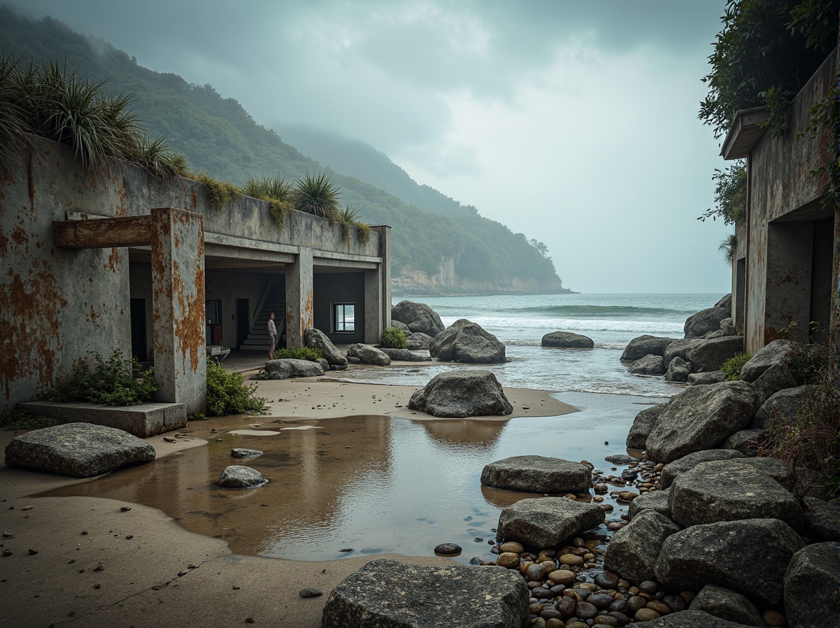 Prompt: Rugged coastline, weathered concrete, rusty metal accents, worn wooden planks, driftwood fragments, sea-salted stone walls, misty ocean air, overcast skies, moody blue-grey hues, earthy beige tones, muted sage greens, rough-hewn boulders, tidal pool reflections, ocean spray droplets, seaweed-covered rocks, sandy dunes, beachy textures, atmospheric fog, soft warm lighting, shallow depth of field, 1/2 composition, cinematic framing.