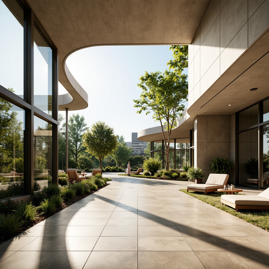 Prompt: Curved lines, minimalist decor, large windows, sliding glass doors, open floor plans, high ceilings, sleek metallic accents, polished marble floors, natural stone walls, abundant greenery, lush plants, sunny day, soft warm lighting, shallow depth of field, 3/4 composition, panoramic view, realistic textures, ambient occlusion.