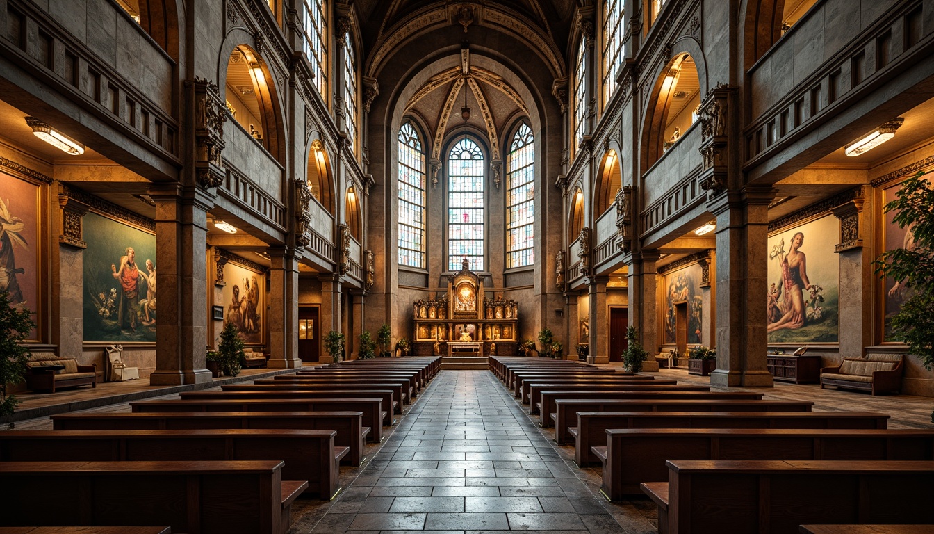 Prompt: Richly ornamented church interior, intricate stone carvings, lavish golden accents, stained glass windows, ornate wooden pews, vibrant tapestries, abstract expressionist murals, rough-hewn granite walls, polished marble floors, distressed metal textures, worn leather upholstery, warm ambient lighting, soft diffused shadows, dramatic spotlights, 1/2 composition, symmetrical framing, high-contrast rendering, detailed normal maps.