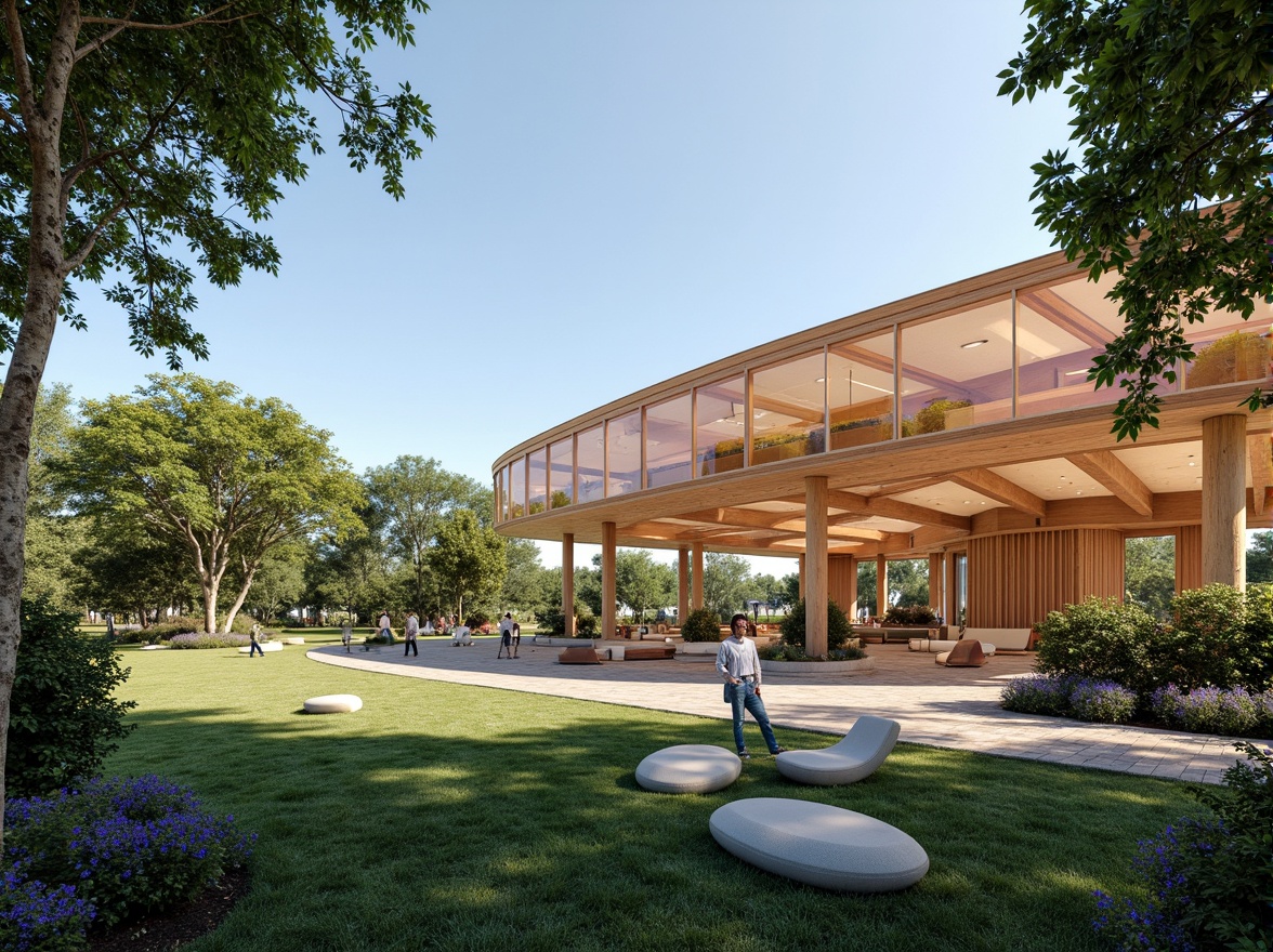 Prompt: Curved pavilion structure, translucent fiberglass skin, iridescent colors, parametric design, futuristic architecture, regional cultural influences, sustainable materials, recycled wood accents, living green walls, natural ventilation systems, energy-efficient systems, soft warm lighting, shallow depth of field, 3/4 composition, panoramic view, realistic textures, ambient occlusion.