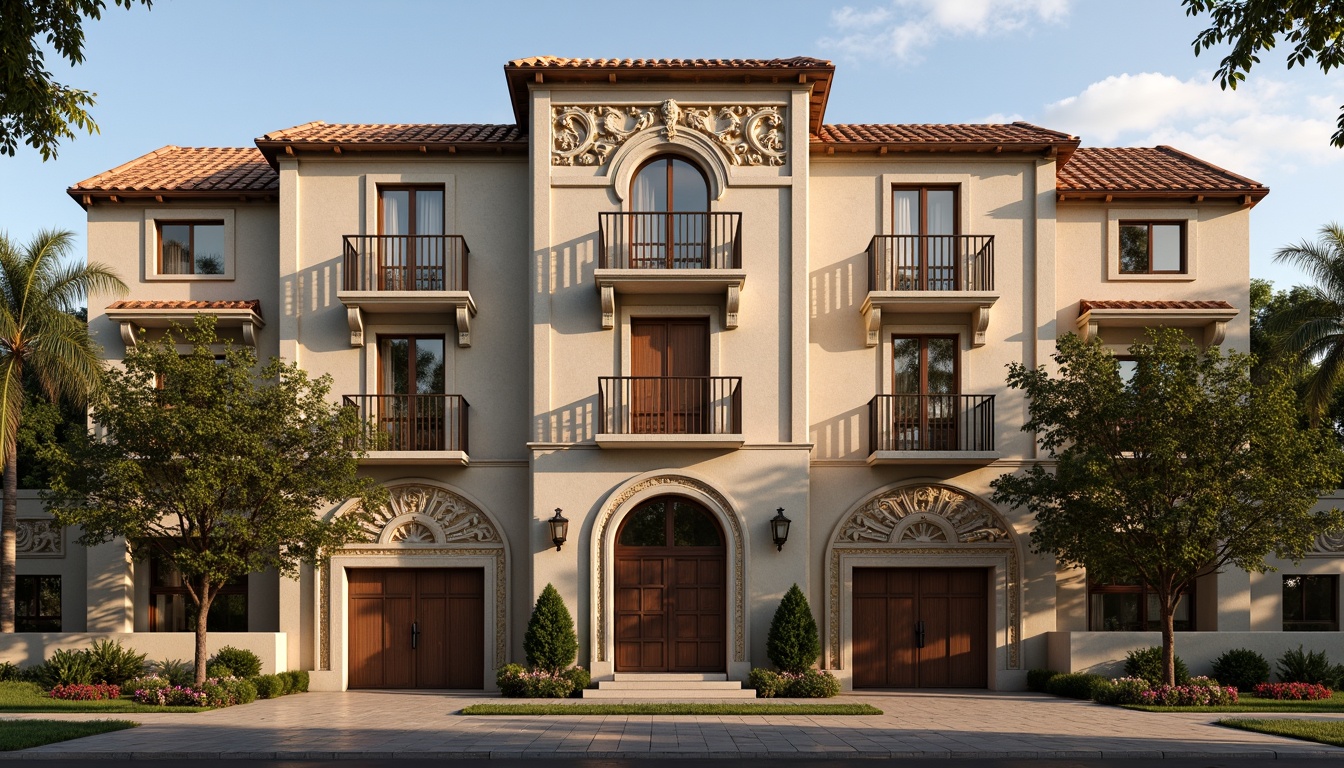 Prompt: Intricate stone carvings, ornate balconies, symmetrical facade, rusticated quoins, arched windows, classical columns, decorative pilasters, grand entranceways, heavy wooden doors, ironwork railings, terra cotta rooftops, Mediterranean-inspired color palette, warm golden lighting, shallow depth of field, 1/2 composition, realistic textures, ambient occlusion.