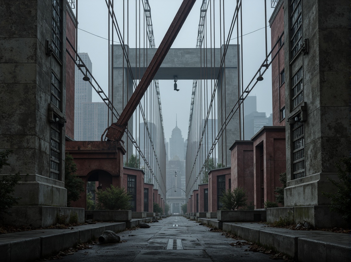 Prompt: Weathered steel beams, industrial textures, geometric patterns, structural cables, suspension systems, modernist architecture, urban landscapes, city skylines, dramatic lighting, low-key tone, misty atmosphere, shallow depth of field, 1/1 composition, symmetrical views, realistic reflections, ambient occlusion, metallic materials, concrete piers, rhythmic piercings, brutalist details, futuristic ambiance.