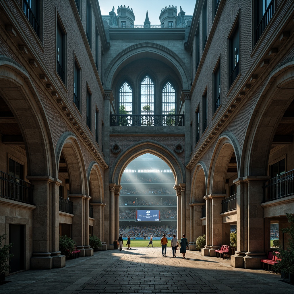 Prompt: Intricate stone carvings, pointed arches, ribbed vaults, flying buttresses, grandiose entrance gates, stained glass windows, ornate metalwork, dramatic verticality, soaring ceilings, rustic brick fa\u00e7ade, mysterious ambiance, misty morning atmosphere, soft diffused lighting, 1/1 composition, symmetrical framing, rich textures, detailed normal maps, athletic track, soccer field, rugby pitch, spectator stands, scoreboard displays, floodlight illumination, vibrant team colors.