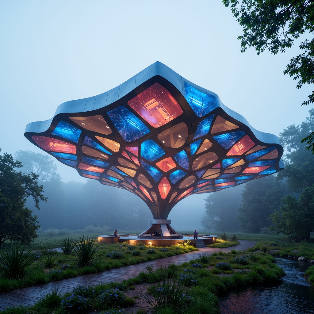 Prompt: Vibrant pavilion structure, irregular shapes, translucent canopies, responsive materials, adaptive shading systems, photovoltaic tiles, glowing LED lights, iridescent colors, misty atmosphere, foggy mornings, dewy grasslands, surrounding forests, meandering water features, rustic stone pathways, undulating terrain, futuristic architecture, parametric design, algorithmic patterns, bio-inspired forms, sustainable energy harvesting, eco-friendly materials, minimalist interior spaces, ambient lighting, shallow depth of field, 1/2 composition, cinematic view.