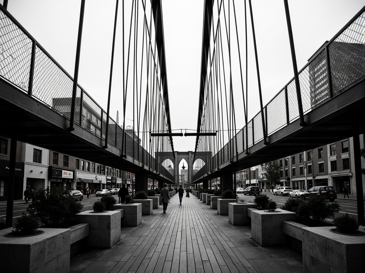 Prompt: Elegant pedestrian bridge, slender steel arches, cables and suspender systems, wooden decking, modern railings, latticework patterns, urban landscape, busy city streets, morning commute, natural stone piers, concrete abutments, symmetrical composition, 1/2 perspective view, dramatic chiaroscuro lighting, high contrast textures, ambient occlusion.