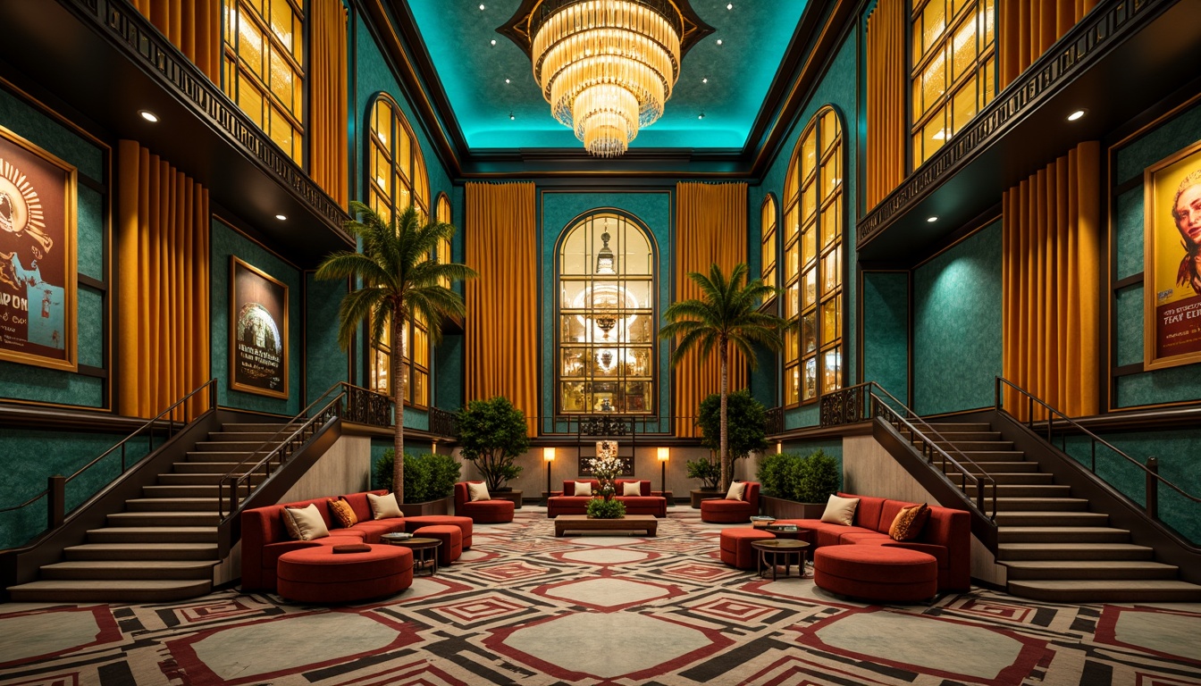 Prompt: Luxurious Art Deco venue, opulent geometric patterns, metallic accents, lavish chandeliers, rich jewel-toned walls, velvet drapes, ornate mirrors, grand staircases, vintage posters, bold black outlines, vibrant turquoise, emerald green, amber yellow, ruby red, golden bronze, creamy whites, soft pastels, sophisticated neutrals, dramatic spotlights, warm ambient glow, high-contrast composition, ornate details, refined textures, realistic reflections.