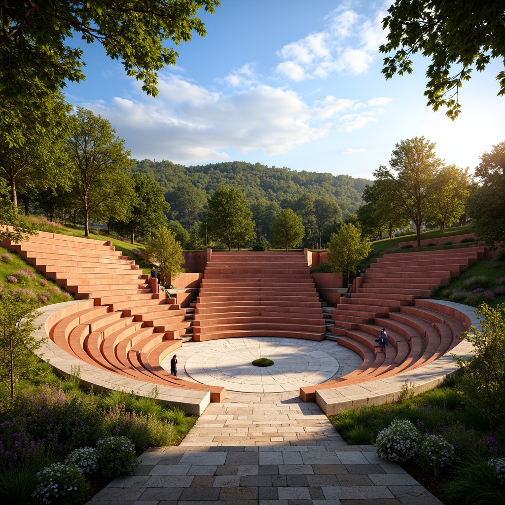 Prompt: Vibrant amphitheater, tiered seating, lush greenery, warm golden lighting, earthy tone terracotta walls, natural stone pathways, blue sky backdrop, sunny day atmosphere, soft cloud textures, shallow depth of field, 3/4 composition, realistic shadows, ambient occlusion.