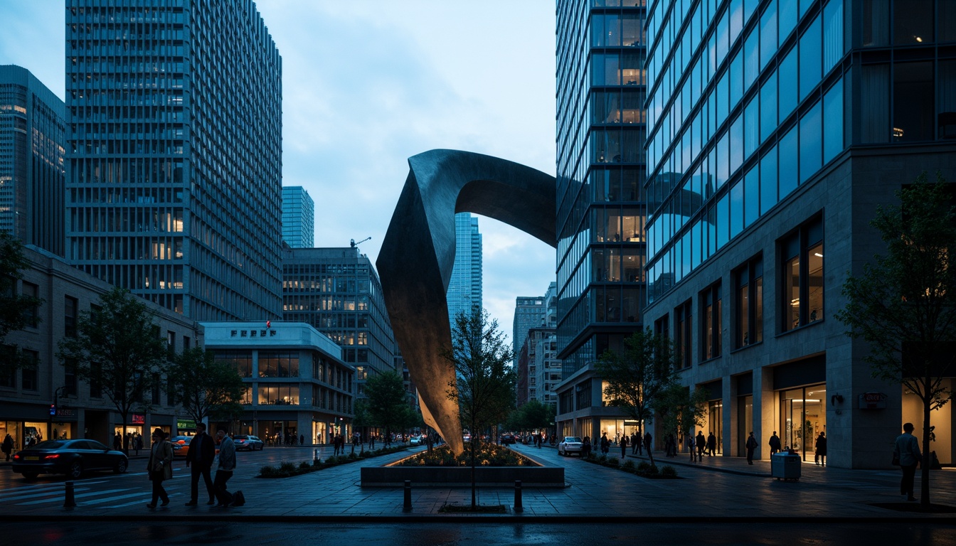 Prompt: Moody atmosphere, Prussian blue accents, bold geometric shapes, modernist architecture, sleek metal fa\u00e7ades, glass curtain walls, cantilevered rooftops, abstract sculptures, urban cityscape, rainy day, dramatic lighting, high contrast shadows, 1/2 composition, cinematic view, realistic reflections, ambient occlusion.