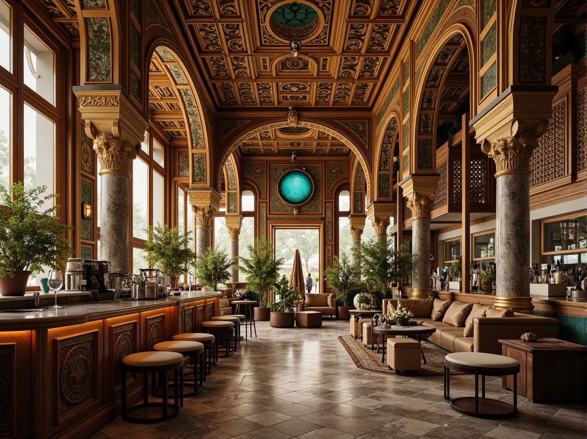 Prompt: Richly ornamented coffee shop, Byzantine arches, golden accents, intricate mosaics, ornate columns, lavish furnishings, warm earthy tones, marble countertops, antique wooden decorations, exotic Middle Eastern patterns, vibrant turquoise hues, soft warm lighting, shallow depth of field, 3/4 composition, realistic textures, ambient occlusion.