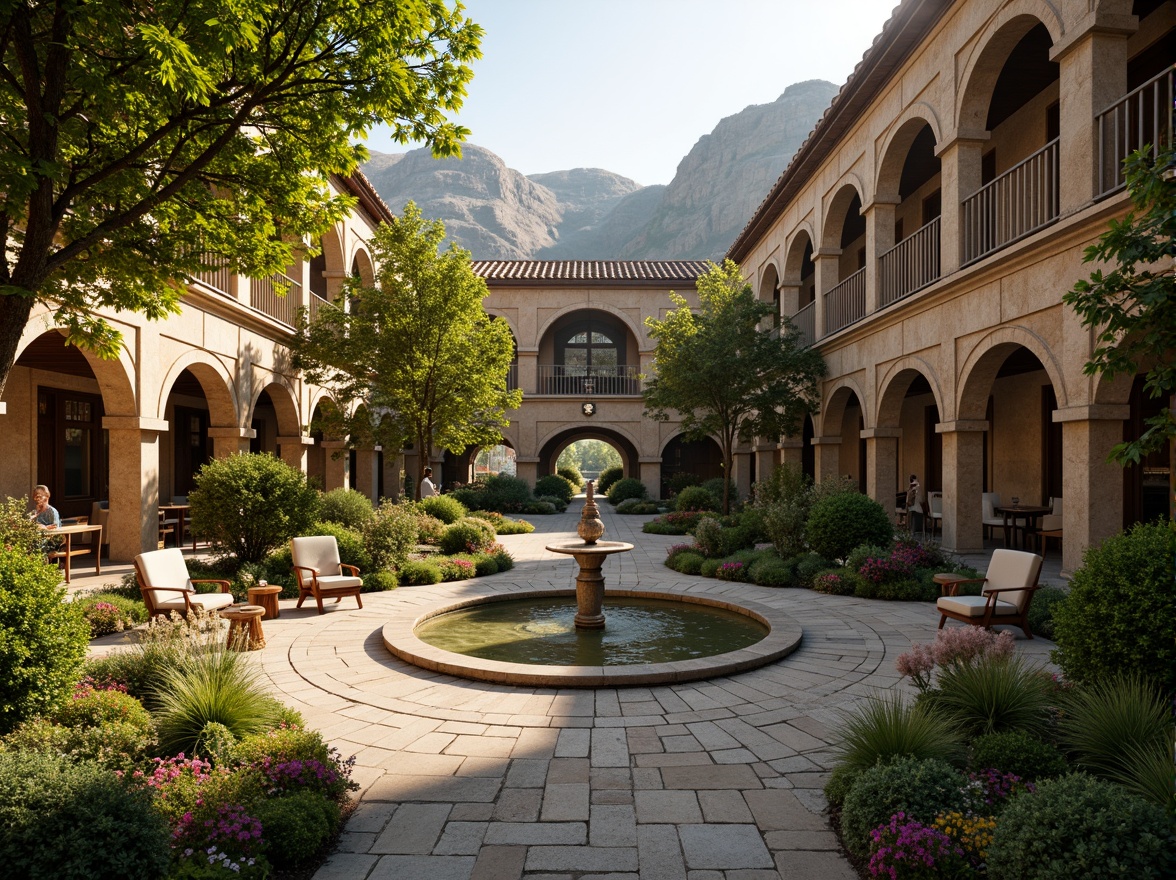 Prompt: Ancient Romanesque architecture, lush greenery, winding stone pathways, ornate fountains, vibrant flowers, rustic archways, natural rock formations, grandiose columns, intricate carvings, warm golden lighting, shallow depth of field, 3/4 composition, panoramic view, realistic textures, ambient occlusion.