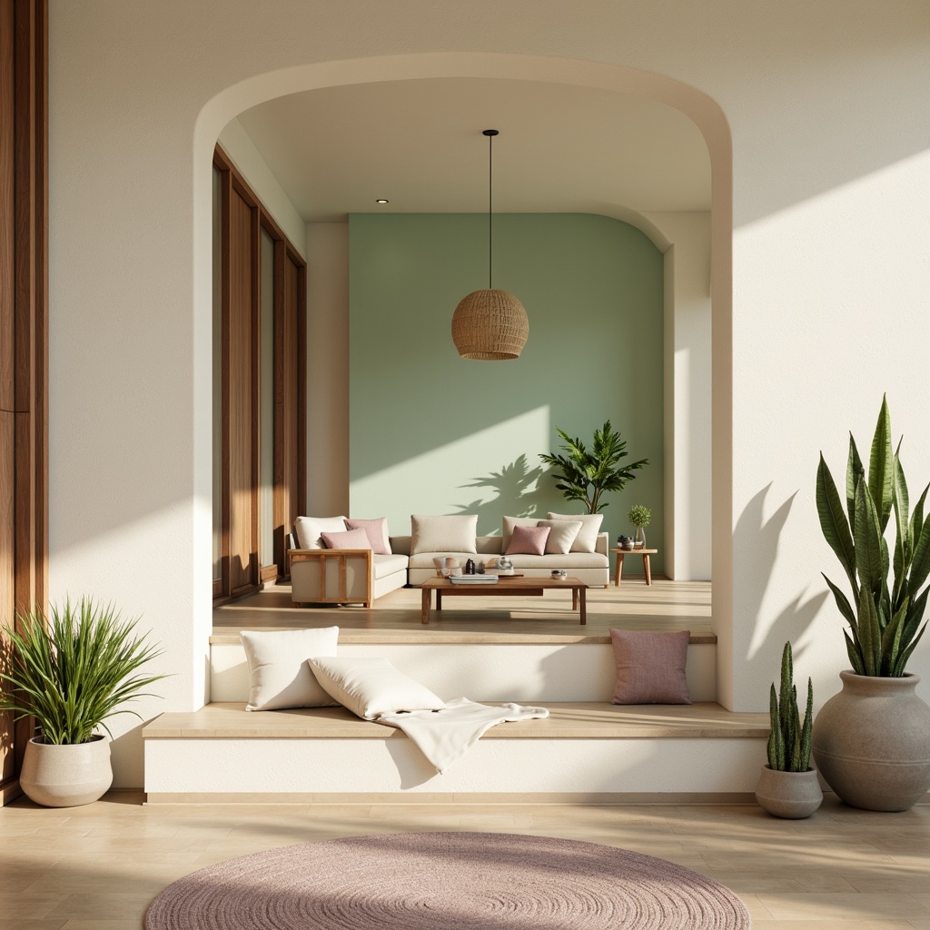 Prompt: Soft pastel hues, warm beige tones, calming mint greens, soothing lavender shades, rich wood accents, natural stone textures, earthy terracotta colors, creamy whites, subtle gradient transitions, gentle color blending, harmonious contrast balance, serene atmosphere, peaceful ambiance, cozy lighting, shallow depth of field, 1/1 composition, realistic rendering, ambient occlusion.