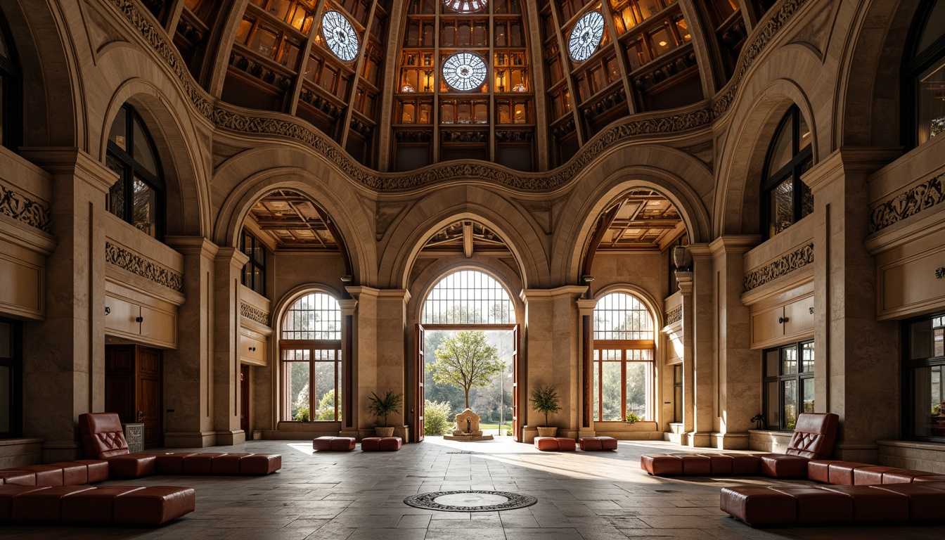 Prompt: Grand clinic entrance, Romanesque archways, ornate carvings, rusticated stonework, rounded towers, ribbed vaults, stained glass windows, intricate mosaics, natural stone flooring, ornamental columns, dramatic lighting, warm earthy tones, shallow depth of field, 2/3 composition, symmetrical framing, realistic textures, ambient occlusion.