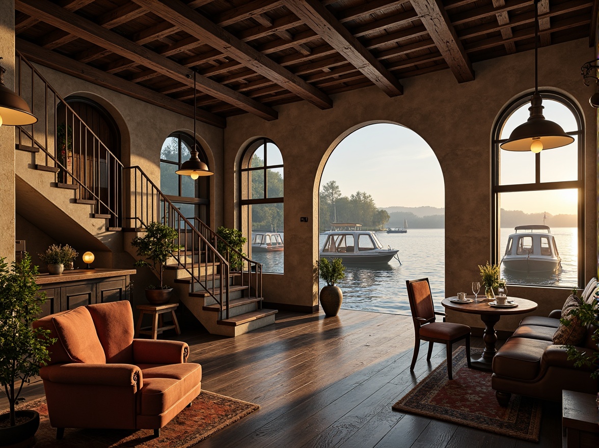 Prompt: Rustic boathouse, Romanesque arches, stone walls, wooden docks, nautical ropes, porthole windows, curved staircases, ornate metal railings, distressed wood textures, weathered copper roofs, lantern-style lighting, warm cozy interiors, plush furnishings, vintage nautical decor, natural water surroundings, serene lake views, misty morning atmosphere, soft golden lighting, shallow depth of field, 2/3 composition, intimate detailed shots, realistic water reflections.