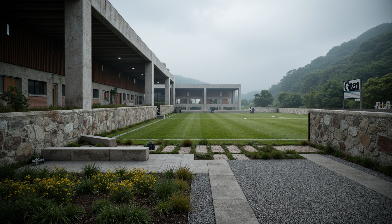 Prompt: Rugged sports field, brutalist architecture, exposed concrete structures, industrial steel beams, raw stone walls, minimal landscaping, scattered wildflowers, gravel pathways, floodlights, dramatic shadows, high-contrast lighting, cinematic composition, wide-angle lens, low-angle shot, atmospheric fog, misty morning, natural terrain integration, rolling hills, verdant slopes, meandering trails, weathered wooden benches, distressed metal signage, bold typography, abstract geometric patterns.