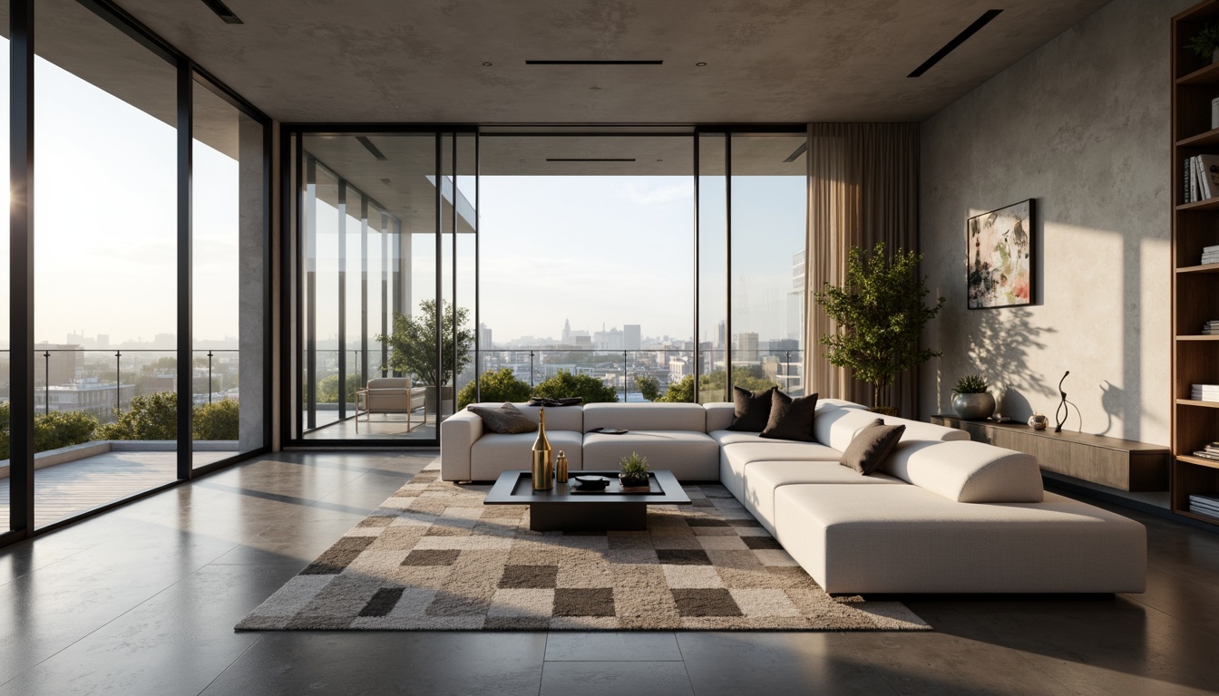 Prompt: Minimalist living room, sleek low-profile furniture, monochromatic color scheme, polished concrete floors, floor-to-ceiling windows, sliding glass doors, urban city view, soft warm lighting, shallow depth of field, 3/4 composition, realistic textures, ambient occlusion, modern sectional sofa, geometric-patterned rug, industrial-chic coffee table, greenery accents, natural wood accents, functional shelving units, concealed storage systems, smart home automation, minimalist decor, abstract artwork, metallic light fixtures.