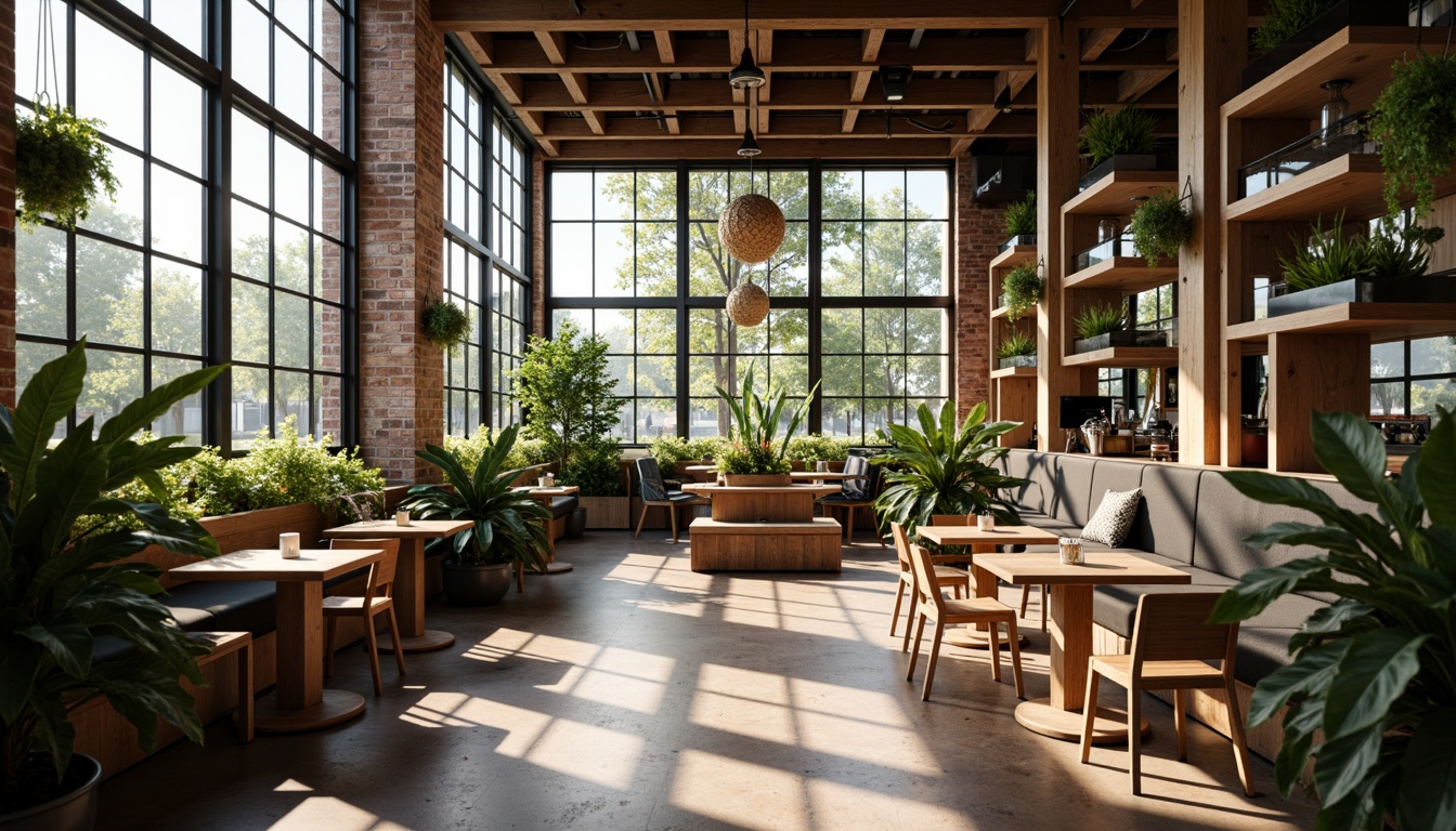 Prompt: Cozy coffee shop atmosphere, abundant natural light, floor-to-ceiling windows, wooden accents, industrial-chic decor, exposed brick walls, minimalist furniture, greenery, lush plants, reclaimed wood tables, comfortable seating areas, warm color schemes, soft warm lighting, shallow depth of field, 1/1 composition, panoramic view, realistic textures, ambient occlusion.