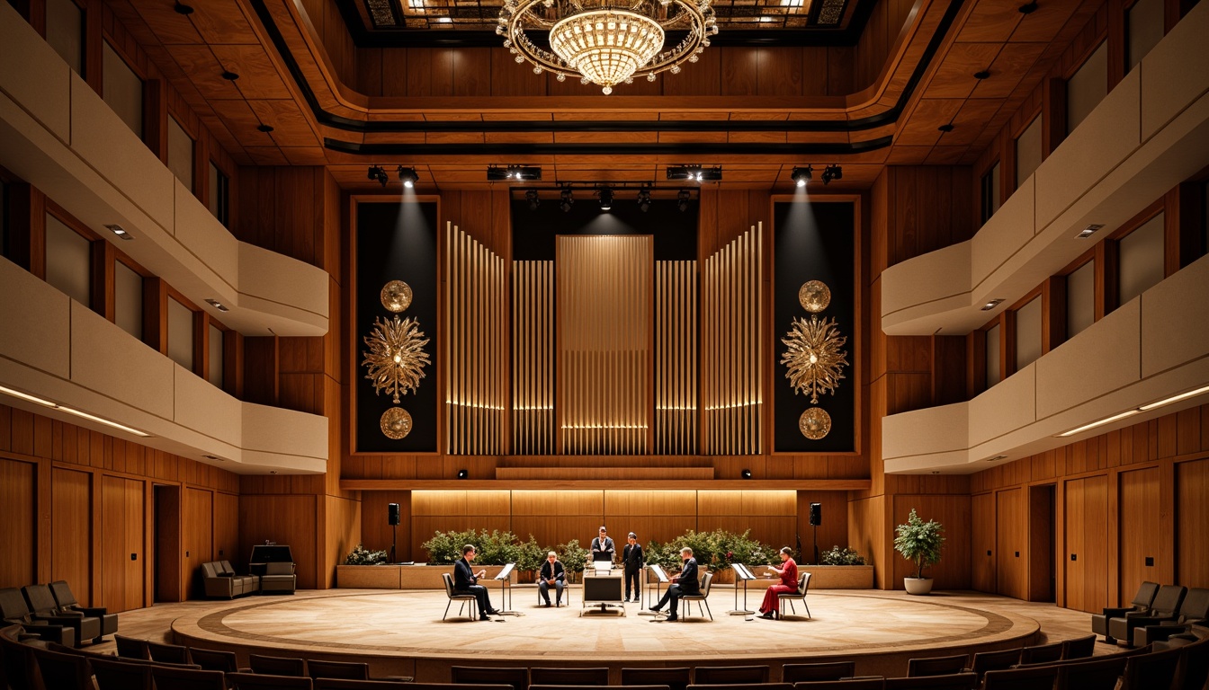 Prompt: Elegant concert hall, rich wood tones, warm beige walls, sophisticated dark accents, luxurious velvet curtains, ornate golden details, refined acoustic panels, polished marble floors, grand chandeliers, dramatic spotlights, comfortable seating areas, intimate stage settings, soft warm lighting, shallow depth of field, 1/1 composition, realistic textures, ambient occlusion.