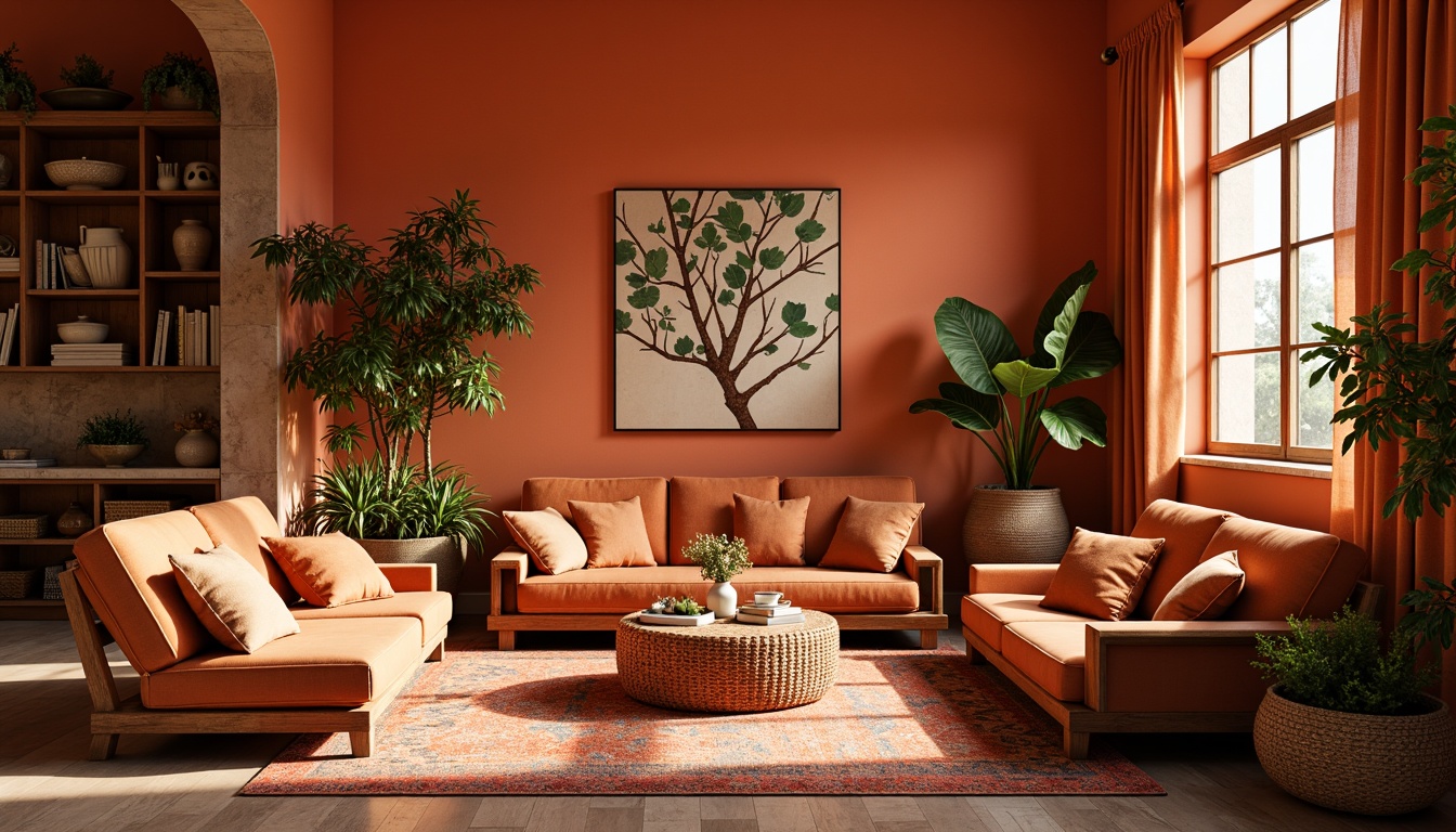 Prompt: Vibrant persimmon hues, warm orange tones, rich earthy undertones, natural textures, organic shapes, whimsical patterns, eclectic furniture, bohemian decor, artistic expressions, free-spirited atmosphere, cozy reading nooks, plush throw pillows, woven baskets, distressed wood accents, earthy ceramics, sunny afternoon light, soft warm glow, 1/1 composition, shallow depth of field, realistic renderings.