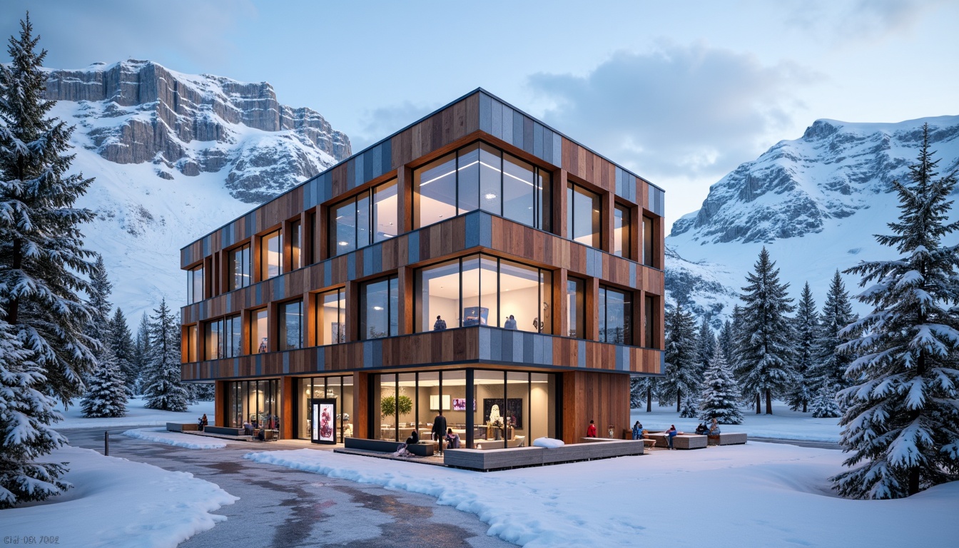 Prompt: Snow-capped mountains, icy slopes, modern ski center architecture, metallic cladding, frosted glass fa\u00e7ades, wooden accents, rugged stone walls, bold geometric patterns, vibrant color schemes, dynamic LED lighting, sleek aluminum railings, weathered steel panels, rustic wood textures, snowflake-inspired motifs, frozen lake views, misty mountain mornings, soft warm light, 1/2 composition, realistic reflections, ambient occlusion.