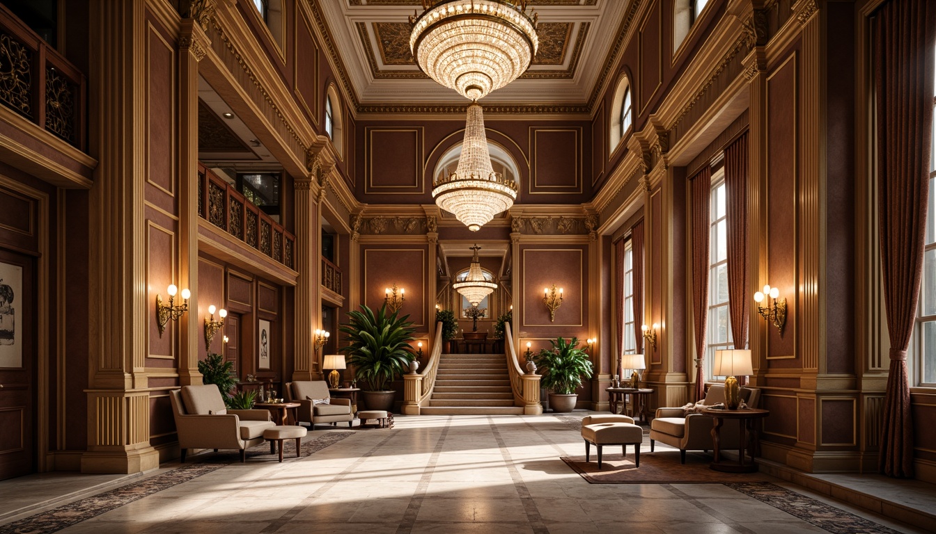 Prompt: Grand neoclassical interior, high ceilings, ornate chandeliers, marble flooring, intricate moldings, classical columns, luxurious furnishings, velvet drapes, golden accents, symmetrical compositions, dramatic archways, sweeping staircases, rich wood paneling, lavish crystal fixtures, soft warm lighting, atmospheric ambiance, 1/2 composition, shallow depth of field, realistic textures, ambient occlusion.