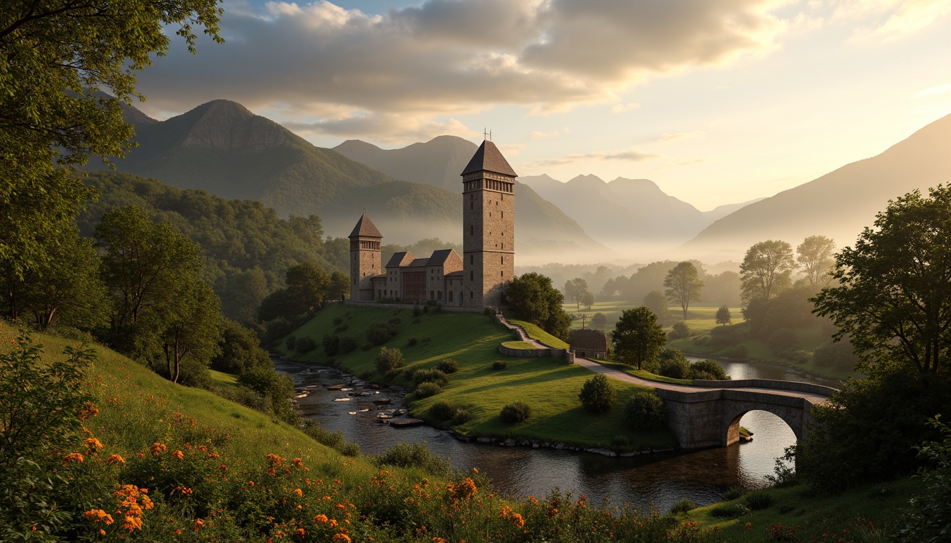 Prompt: Majestic watchtowers, rugged stone walls, fortified structures, rolling hills, lush green meadows, winding streams, serene lakes, misty mountains, rustic wooden bridges, weathered stone pathways, moss-covered boulders, ancient tree species, vibrant wildflowers, dramatic sunsets, soft warm lighting, atmospheric fog, shallow depth of field, 3/4 composition, panoramic view, realistic textures, ambient occlusion.